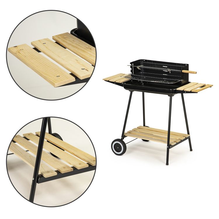 Gratar de gradina IdealStore cu rotisor manual, gratar inox 52x32 cm, inaltime reglabila, roti si 3 rafturi