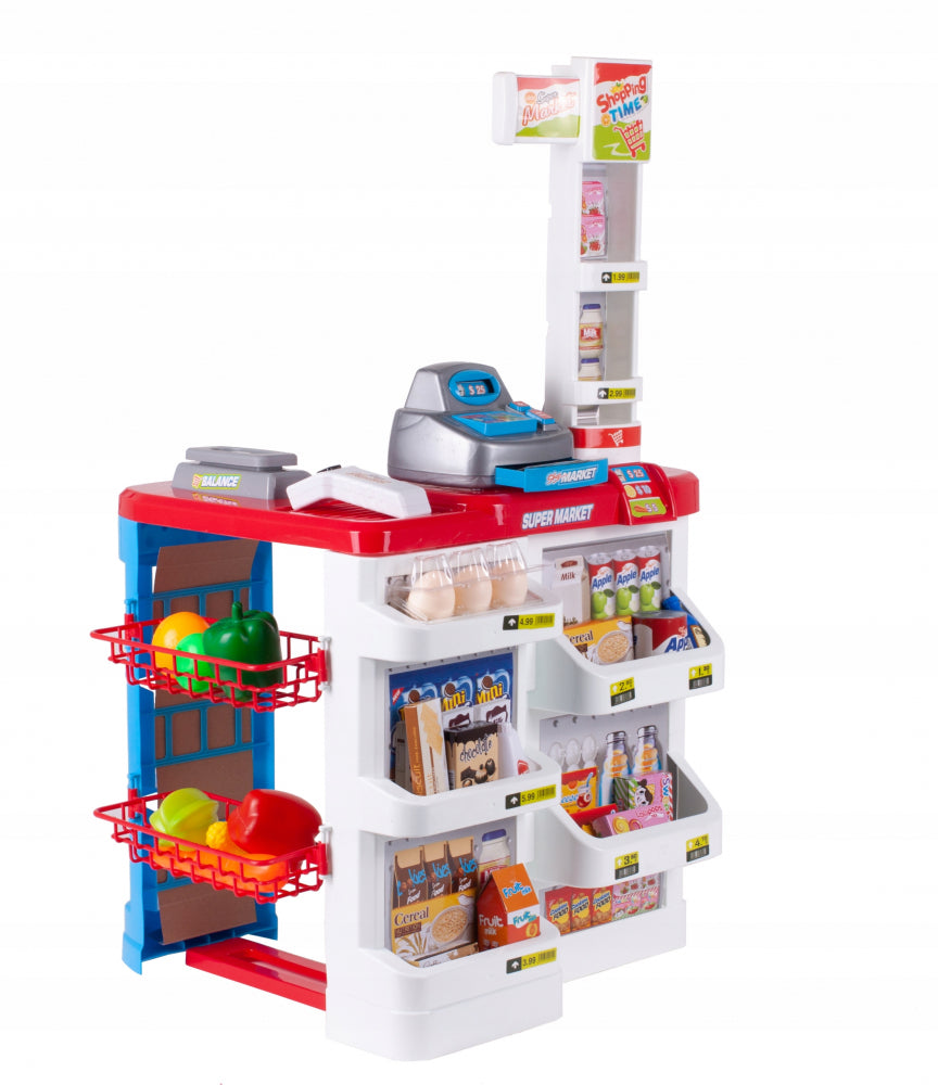 Set de joaca Supermarket realist cu Casa de marcat, Carucior mobil, Stand de vanzare, Cantar si Accesorii alimentare, 88 x 48 x 41 cm