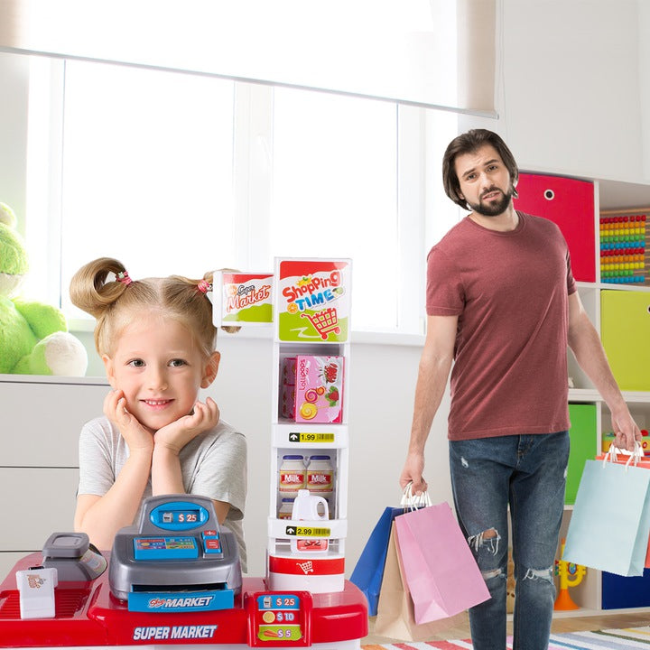 Set de joaca Supermarket realist cu Casa de marcat, Carucior mobil, Stand de vanzare, Cantar si Accesorii alimentare, 88 x 48 x 41 cm