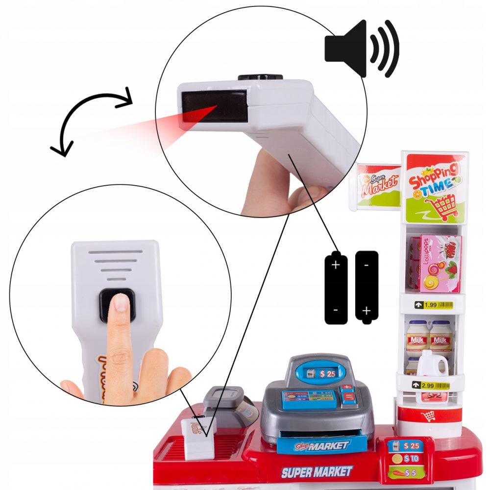 Set de joaca Supermarket realist cu Casa de marcat, Carucior mobil, Stand de vanzare, Cantar si Accesorii alimentare, 88 x 48 x 41 cm