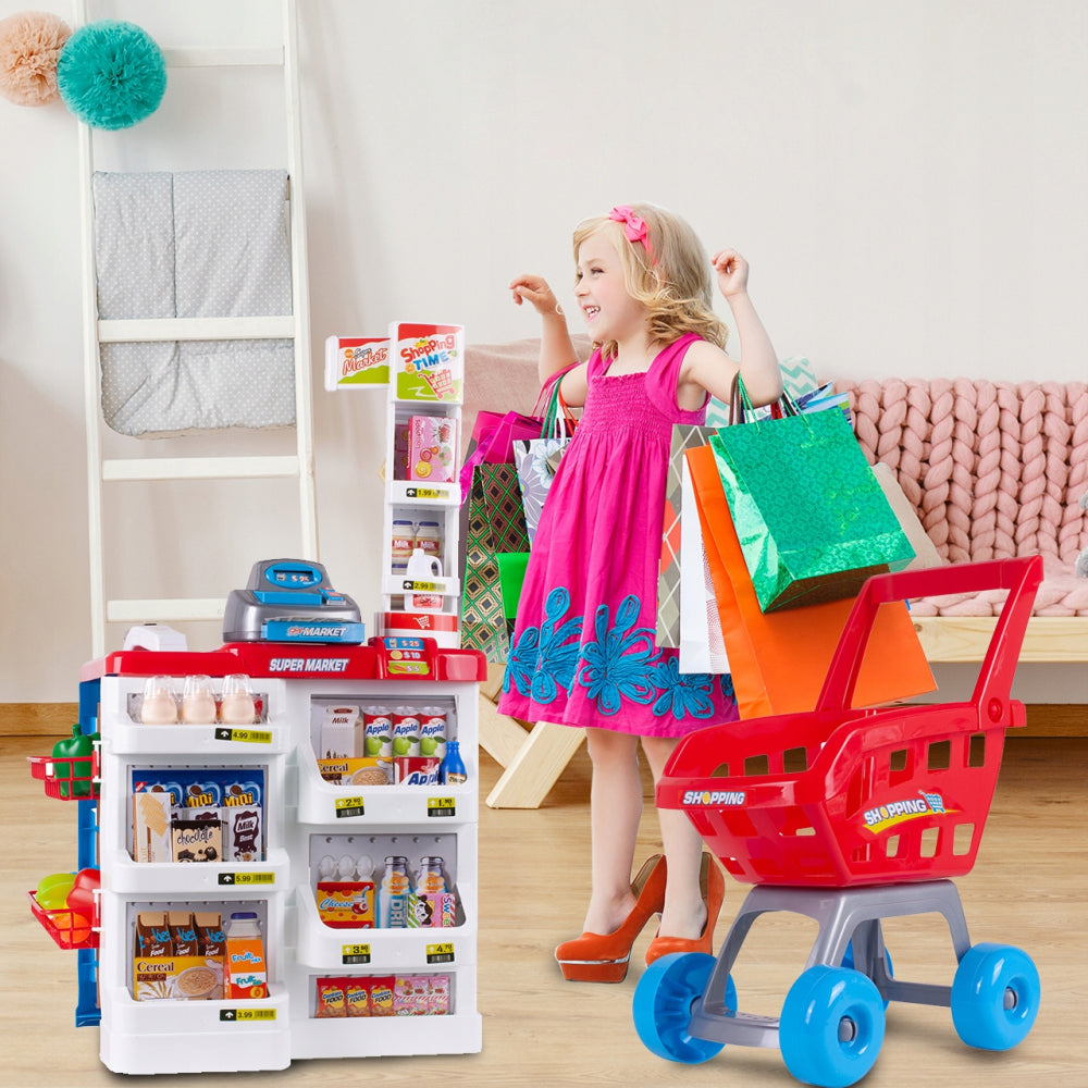 Set de joaca Supermarket realist cu Casa de marcat, Carucior mobil, Stand de vanzare, Cantar si Accesorii alimentare, 88 x 48 x 41 cm