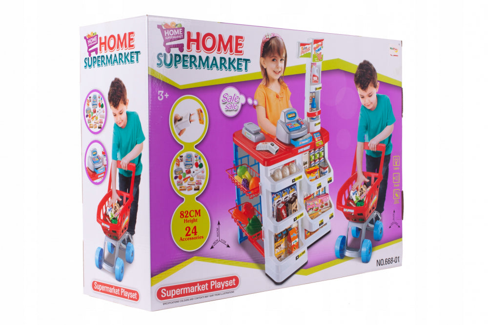 Set de joaca Supermarket realist cu Casa de marcat, Carucior mobil, Stand de vanzare, Cantar si Accesorii alimentare, 88 x 48 x 41 cm