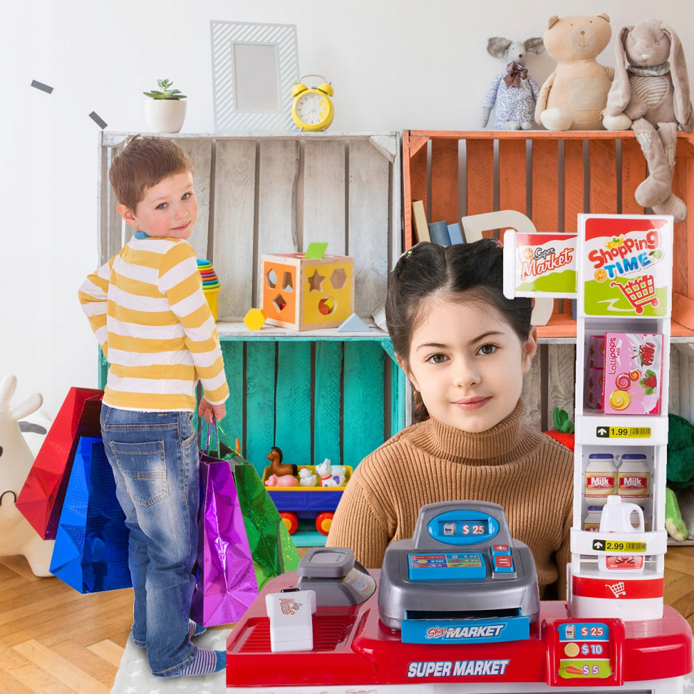 Set de joaca Supermarket realist cu Casa de marcat, Carucior mobil, Stand de vanzare, Cantar si Accesorii alimentare, 88 x 48 x 41 cm