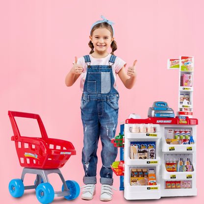 Set de joaca Supermarket realist cu Casa de marcat, Carucior mobil, Stand de vanzare, Cantar si Accesorii alimentare, 88 x 48 x 41 cm