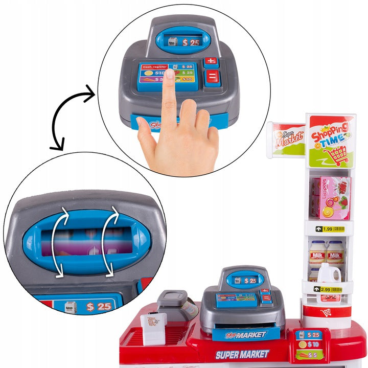 Set de joaca Supermarket realist cu Casa de marcat, Carucior mobil, Stand de vanzare, Cantar si Accesorii alimentare, 88 x 48 x 41 cm