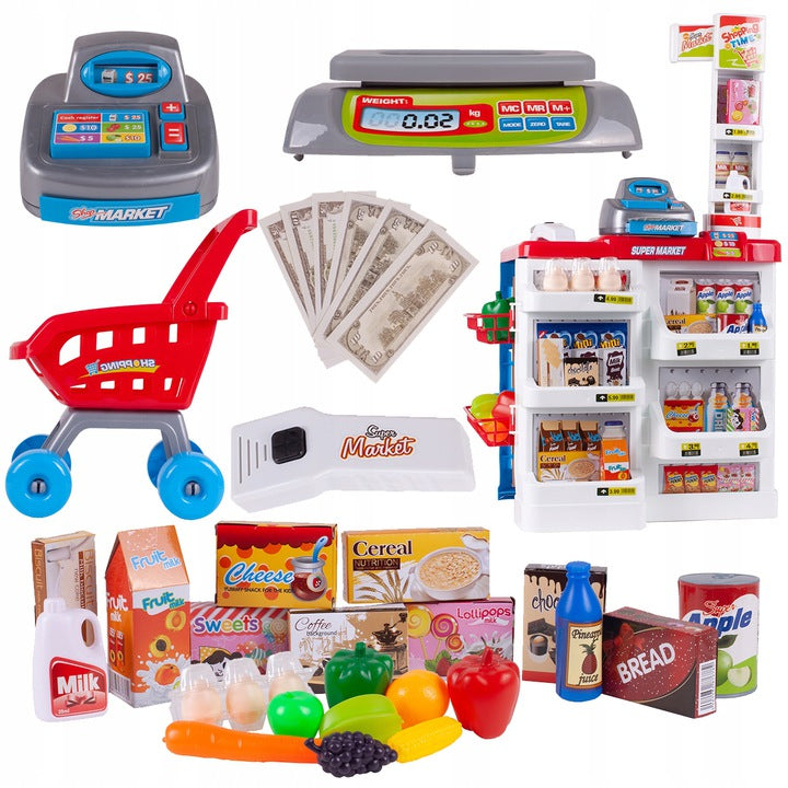 Set de joaca Supermarket realist cu Casa de marcat, Carucior mobil, Stand de vanzare, Cantar si Accesorii alimentare, 88 x 48 x 41 cm