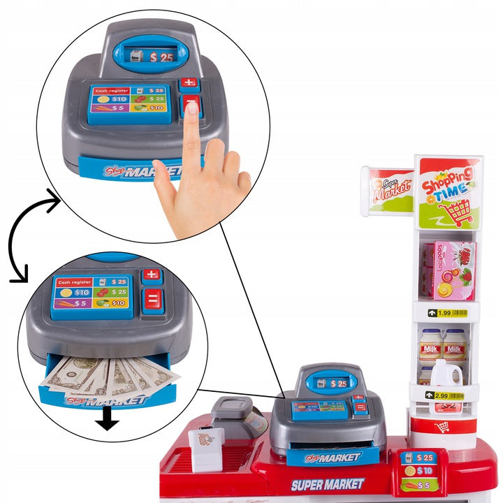 Set de joaca Supermarket realist cu Casa de marcat, Carucior mobil, Stand de vanzare, Cantar si Accesorii alimentare, 88 x 48 x 41 cm