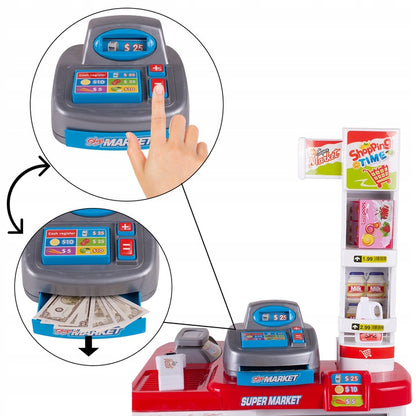 Set de joaca Supermarket realist cu Casa de marcat, Carucior mobil, Stand de vanzare, Cantar si Accesorii alimentare, 88 x 48 x 41 cm