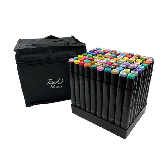 Set 80 markere colorate duble cu suport si geanta depozitare, varf subtire si gros 1/6 mm, cerneala pe baza de alcool, SOLLUXE