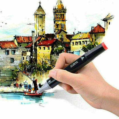 Set 80 markere colorate duble cu suport si geanta depozitare, varf subtire si gros 1/6 mm, cerneala pe baza de alcool, SOLLUXE