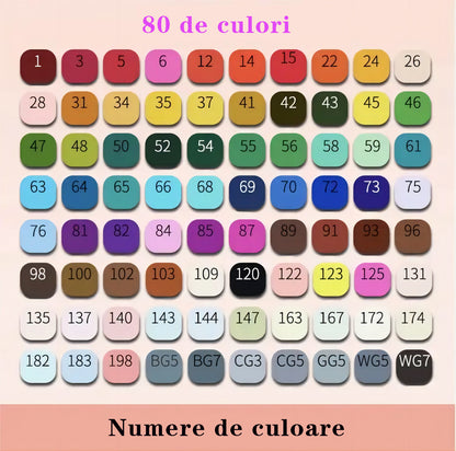 Set 80 markere BYONDSELF, 2 capete subtire si gros, 1mm si 6mm, cu geanta de depozitare, multicolore