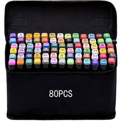 Set 80 markere BYONDSELF, 2 capete subtire si gros, 1mm si 6mm, cu geanta de depozitare, multicolore