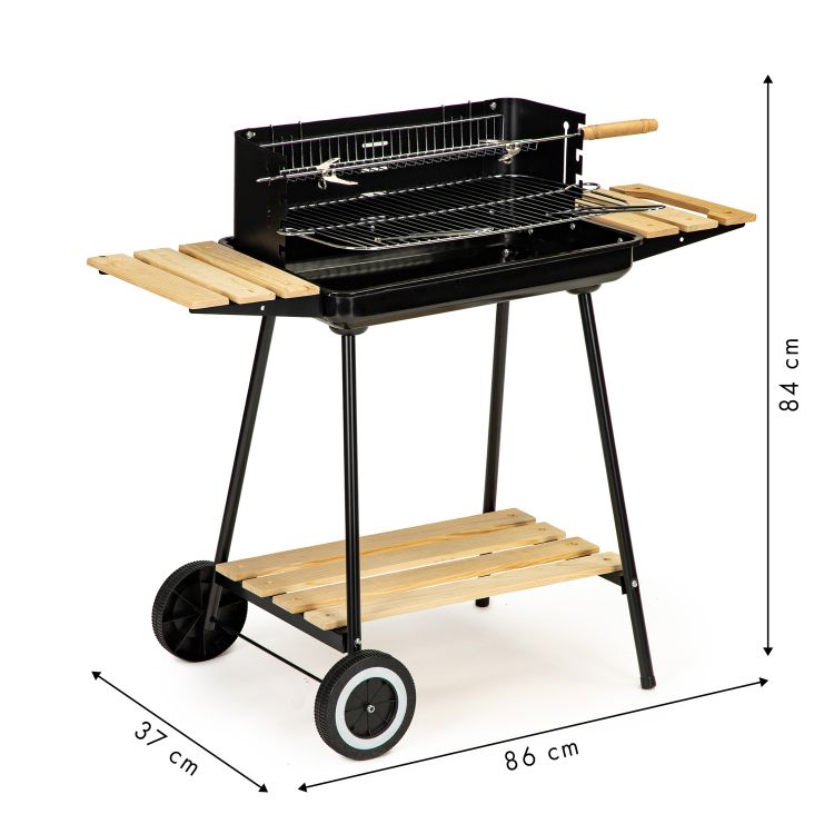 Gratar de gradina IdealStore cu rotisor manual, gratar inox 52x32 cm, inaltime reglabila, roti si 3 rafturi