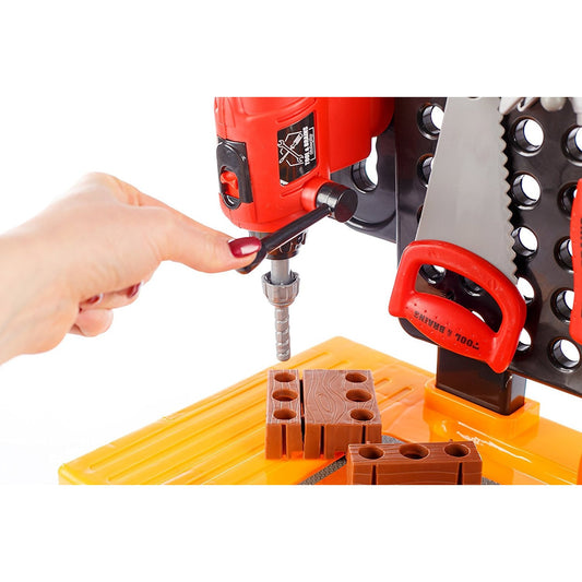 Banc de Lucru Tools & Brains Workshop Fun Zone pentru Copii cu Unelte si Accesorii, 76 cm Inaltime, Bormasina, Fierastrau, CIocan, Rafturi, Accesorii Realiste, Multicolor