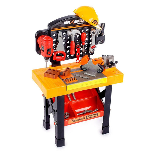 Banc de Lucru Tools & Brains Workshop Fun Zone pentru Copii cu Unelte si Accesorii, 76 cm Inaltime, Bormasina, Fierastrau, CIocan, Rafturi, Accesorii Realiste, Multicolor