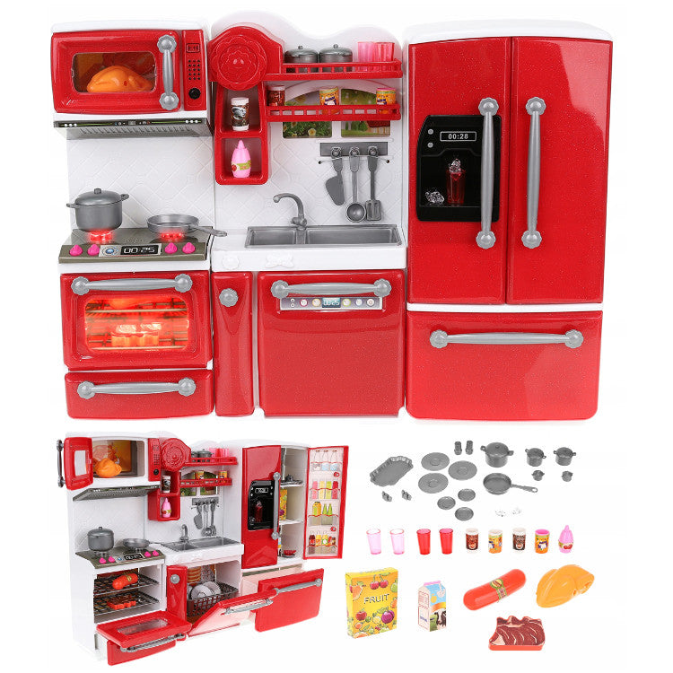 Bucatarie pentru papusi, 3 corpuri independente + 47 accesorii, efecte sonore si luminoase, 37x7,5x27 cm, culoare rosu
