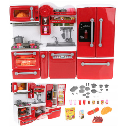Bucatarie pentru papusi, 3 corpuri independente + 47 accesorii, efecte sonore si luminoase, 37x7,5x27 cm, culoare rosu