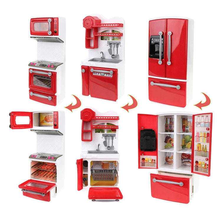 Bucatarie pentru papusi, 3 corpuri independente + 47 accesorii, efecte sonore si luminoase, 37x7,5x27 cm, culoare rosu