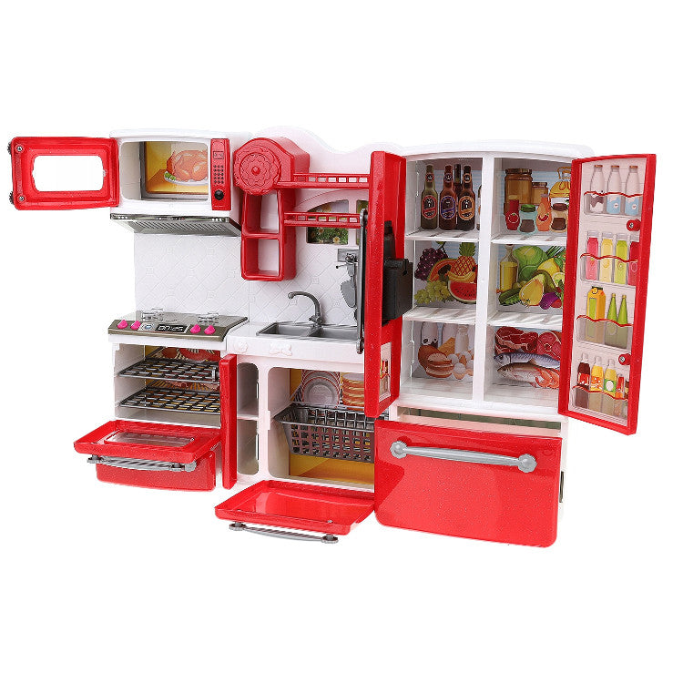 Bucatarie pentru papusi, 3 corpuri independente + 47 accesorii, efecte sonore si luminoase, 37x7,5x27 cm, culoare rosu