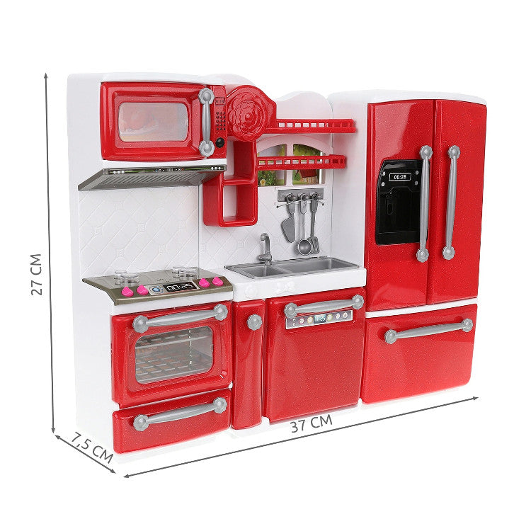 Bucatarie pentru papusi, 3 corpuri independente + 47 accesorii, efecte sonore si luminoase, 37x7,5x27 cm, culoare rosu