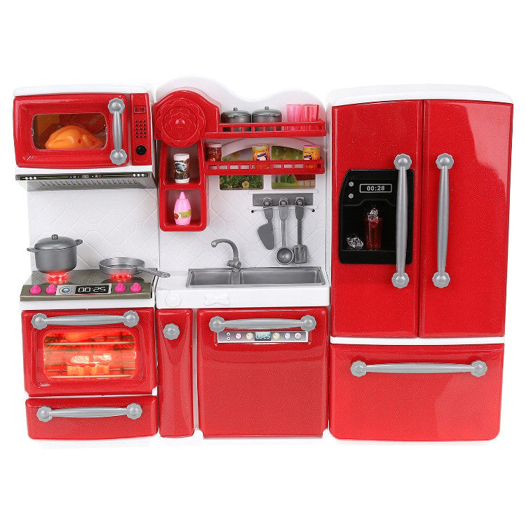 Bucatarie pentru papusi, 3 corpuri independente + 47 accesorii, efecte sonore si luminoase, 37x7,5x27 cm, culoare rosu