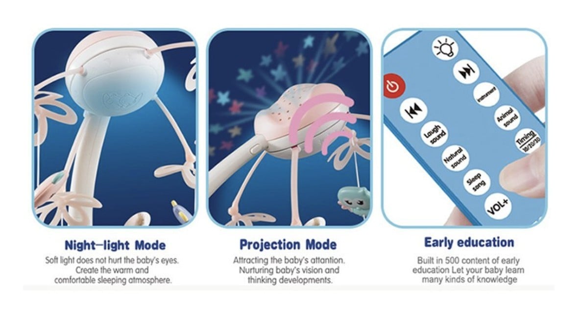 Carusel cu 516 sunete, telecomanda si proiectii Bufnita Inteleapta - roz pastel