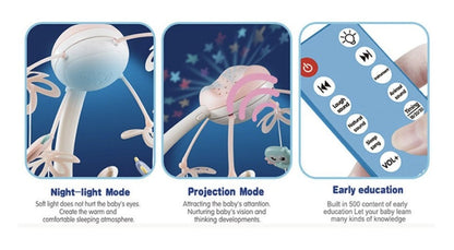 Carusel cu 516 sunete, telecomanda si proiectii Bufnita Inteleapta - roz pastel