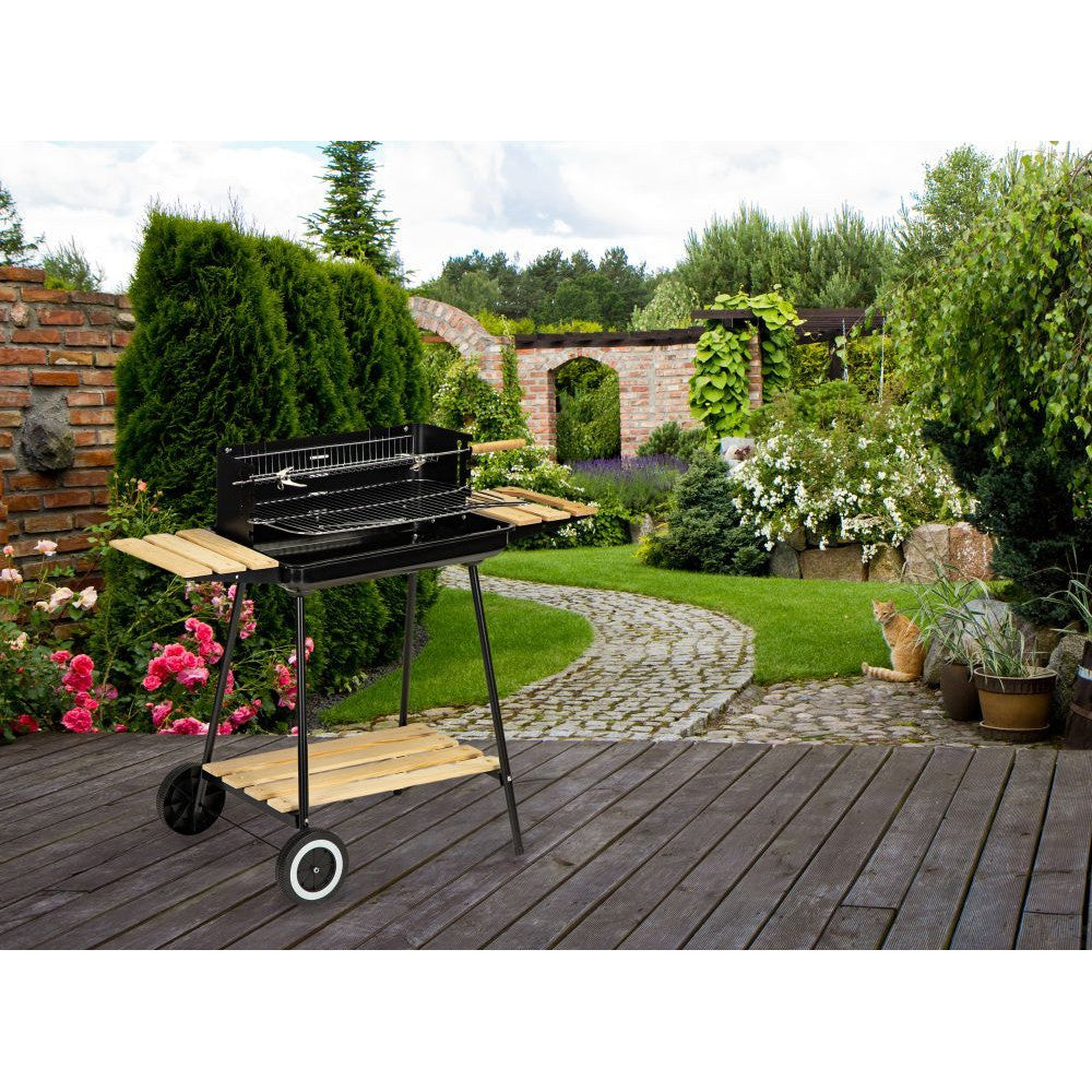 Gratar de gradina IdealStore cu rotisor manual, gratar inox 52x32 cm, inaltime reglabila, roti si 3 rafturi