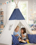 Cort de joaca cu lumini idealSTORE Moon Tipi,Bumbac Natural,Include perne,covoras izolator,Husa de depozitare,Albastru