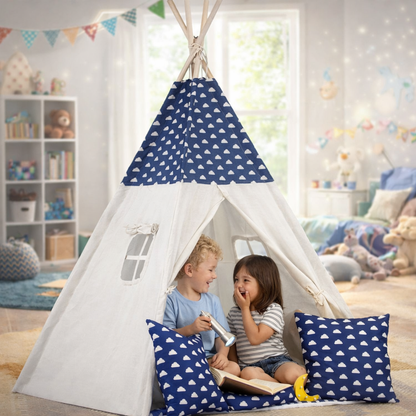 Cort de joaca cu lumini idealSTORE Moon Tipi,Bumbac Natural,Include perne,covoras izolator,Husa de depozitare,Albastru