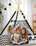 Cort de joaca cu lumini idealSTORE Panda TIPI,Bumbac Natural,Covoras Izolator,Husa de Depozitare