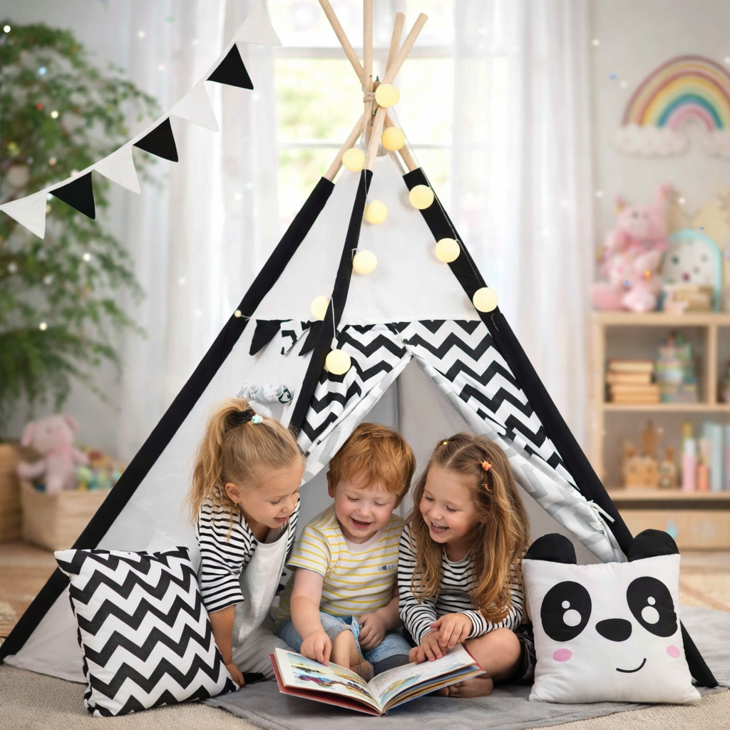Cort de joaca cu lumini idealSTORE Panda TIPI,Bumbac Natural,Covoras Izolator,Husa de Depozitare