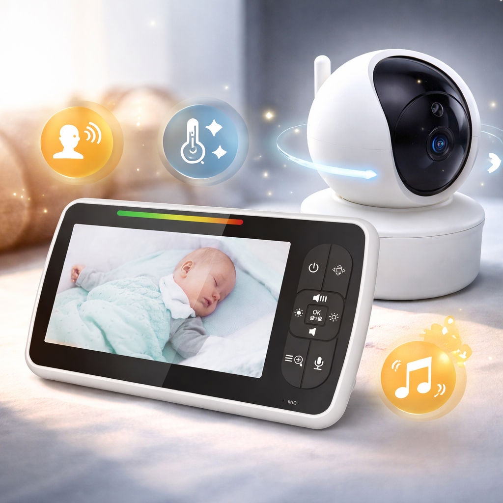 Sistem de Monitorizare Video si Audio Pentru Bebelusi Baby Angel idealStore, Ecran LCD Color 5 inch, Vedere Noctura cu Infrarosu, Monitor de Temperatura, Posibilitate de Interactiune cu Bebelusul, Cantece de Leagan, Wireless, Momento