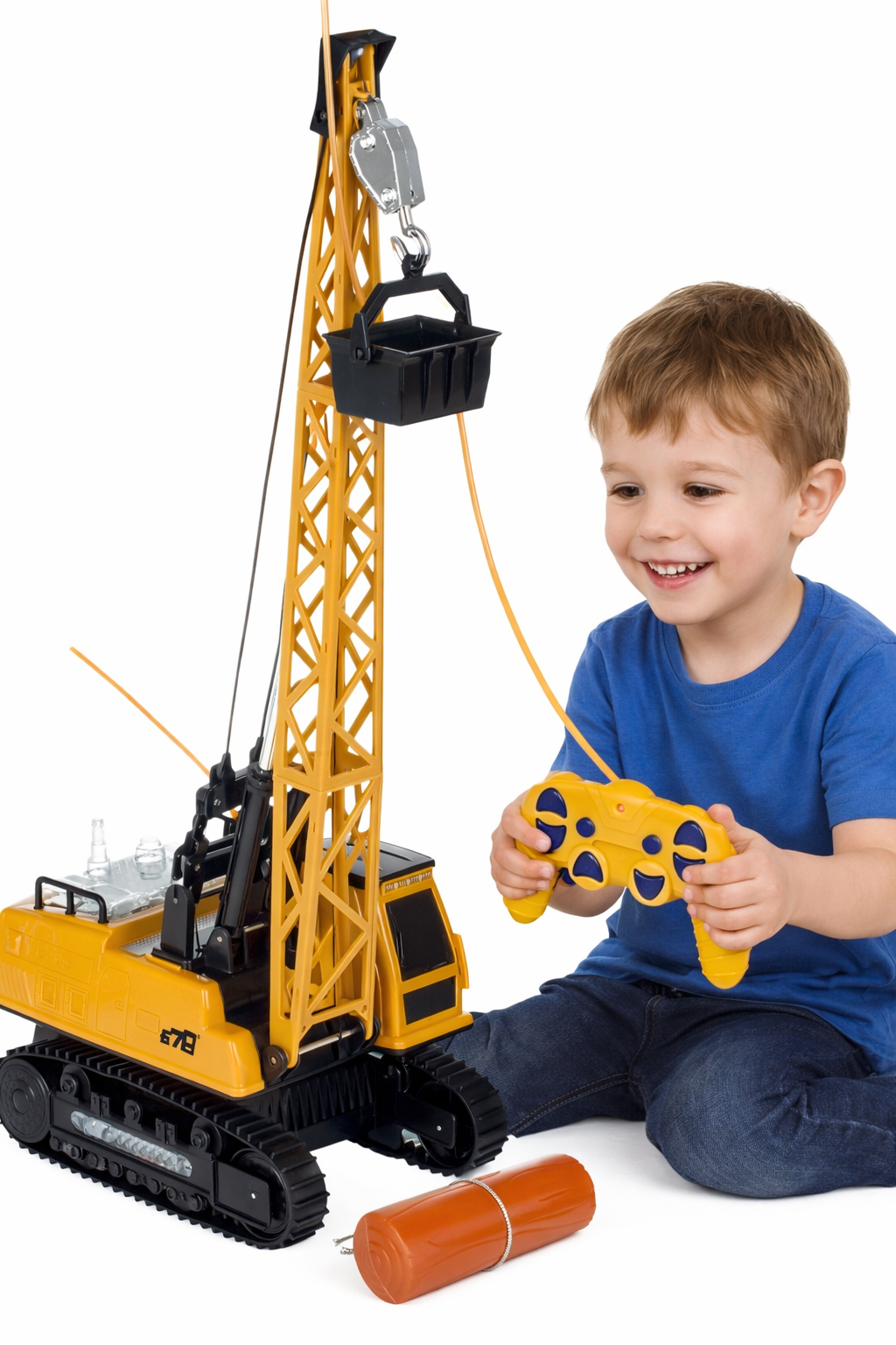 Macara interactiva cu Telecomanda CRANE LUXURY idealSTORE, Dimensiuni 21x14x49 cm Constructie Stabila Accesorizata cu grinda de lemn, Brat mobil 680, Sine de cauciuc, Lumini LED, Alimentare USB