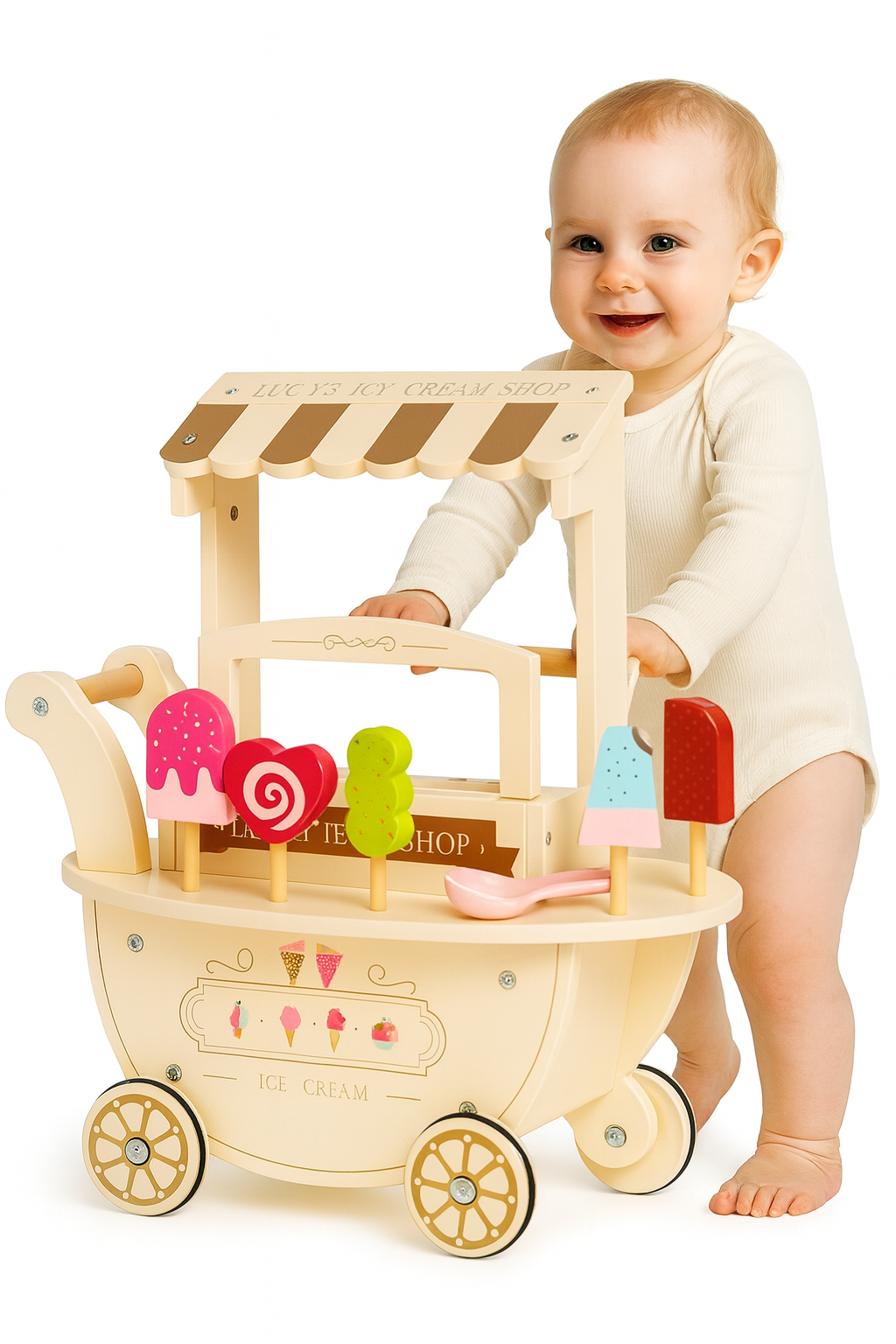 Carucior de Inghetata Ice Cream ideal STORE, Mobil, Dimensiune 41 x 19 x 44 cm, Din Lemn de inalta calitate, Include 10 accesorii, Ajuta la dezvoltarea imaginatiei si creativitatii, Beige Edition