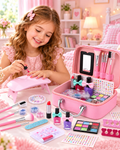 Trusa de Machiaj pentru copii LittlePrincess IdealStore, Include o multime de elemente pentru infrumusetare, Dar elemente si pentru ingrijirea unghiilor, Lampa UV, Geanta cu maner pentru transport