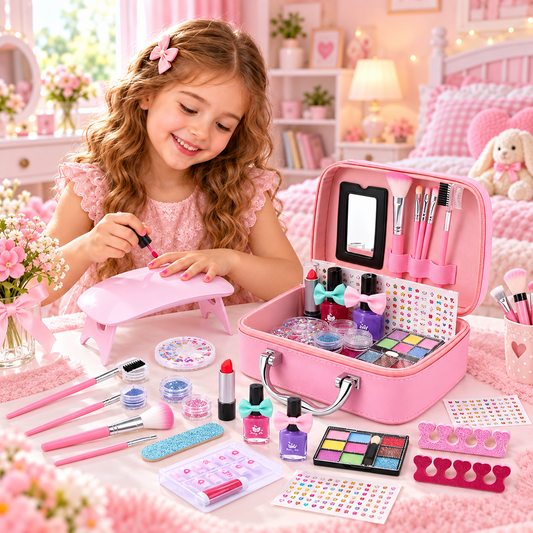 Trusa de Machiaj pentru copii LittlePrincess IdealStore, Include o multime de elemente pentru infrumusetare, Dar elemente si pentru ingrijirea unghiilor, Lampa UV, Geanta cu maner pentru transport