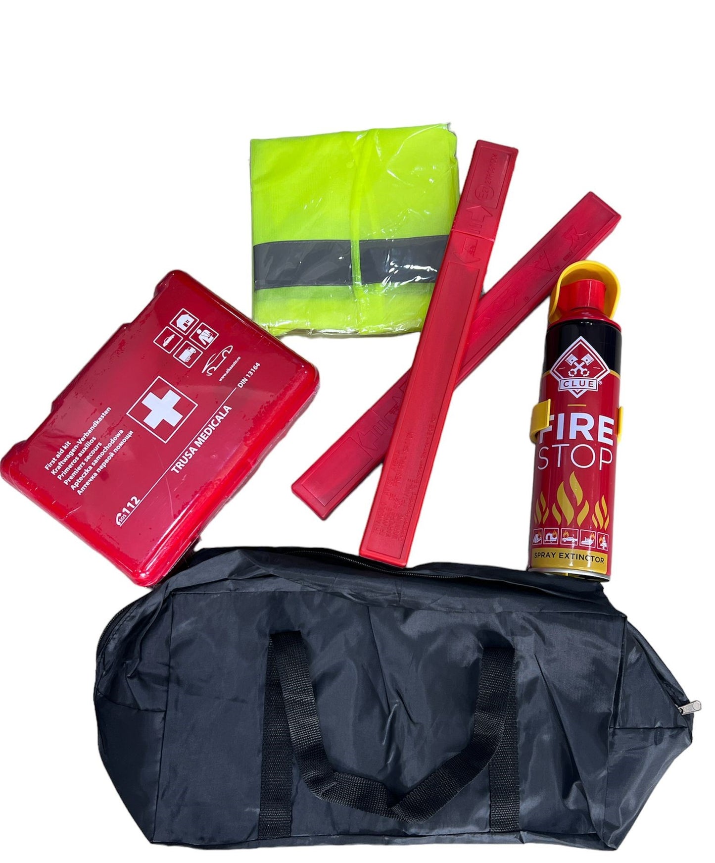 Kit siguranta auto, contine extinctor tip spray, trusa medicala omologata european, 2 x triunghi reflectorizant si vesta reflectorizanta universala