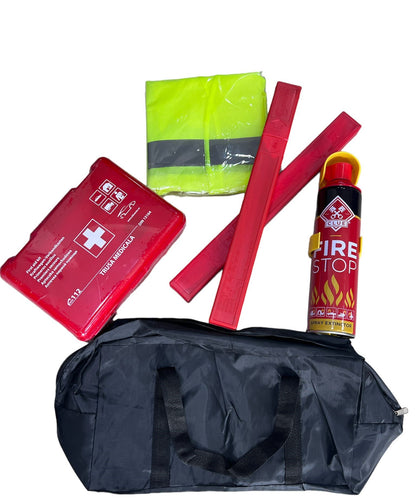 Kit siguranta auto, contine extinctor tip spray, trusa medicala omologata european, 2 x triunghi reflectorizant si vesta reflectorizanta universala