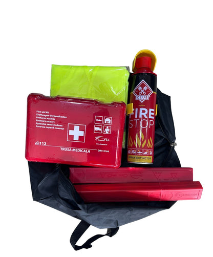 Kit siguranta auto, contine extinctor tip spray, trusa medicala omologata european, 2 x triunghi reflectorizant si vesta reflectorizanta universala