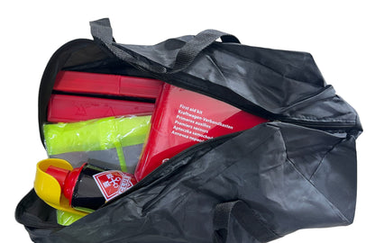 Kit siguranta auto, contine extinctor tip spray, trusa medicala omologata european, 2 x triunghi reflectorizant si vesta reflectorizanta universala