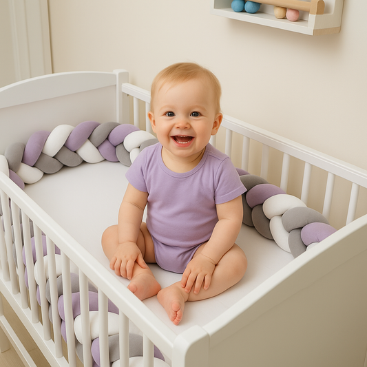 Protectie Laterala pentru Patut Bumper Rico idealSTORE, Lungime 3 m, Material moale, Placut la atingere, Protejeaza impotriva curentilor de aer si a loviturilor, Antialergic, Mov-Gri