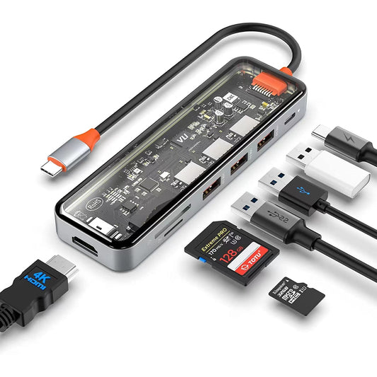 Adaptor Multiport 7 in 1, de Tip C cu Port HDMI UHD 4K, 3 x USB 3.0, PC Computer, Laptop, MacBook USB C Docking Station Hub, Incarcare+Transfer de Date, Cititor Carduri SD/TF, Design Subtire si Portabil