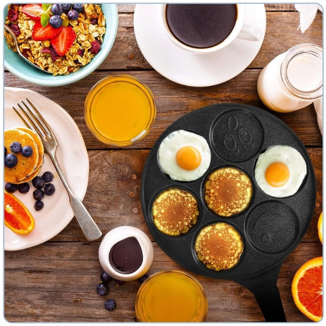 Tigaie antiaderenta pentru mini clatite, mic dejun, Smiley Face- 7 forme, pentru copii, granit, neagra, plite gaz si electrice