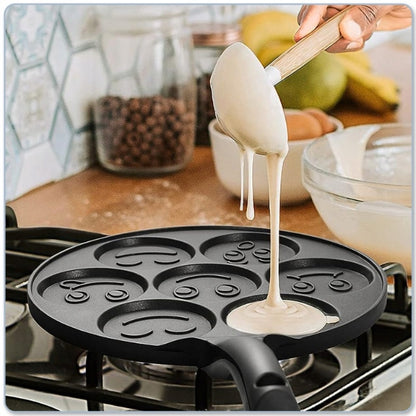 Tigaie antiaderenta pentru mini clatite, mic dejun, Smiley Face- 7 forme, pentru copii, granit, neagra, plite gaz si electrice