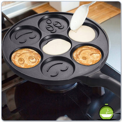 Tigaie antiaderenta pentru mini clatite, mic dejun, Smiley Face- 7 forme, pentru copii, granit, neagra, plite gaz si electrice