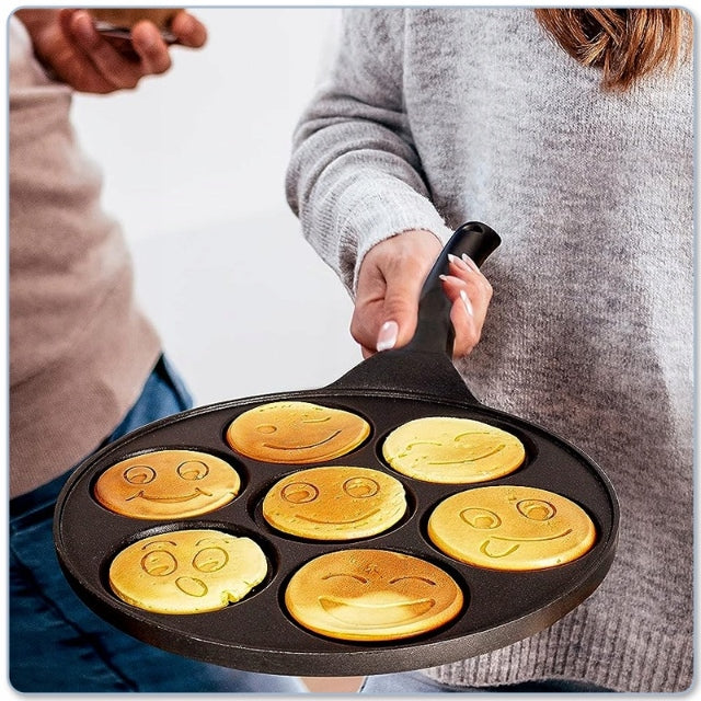 Tigaie antiaderenta pentru mini clatite, mic dejun, Smiley Face- 7 forme, pentru copii, granit, neagra, plite gaz si electrice
