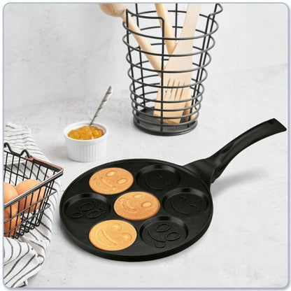 Tigaie antiaderenta pentru mini clatite, mic dejun, Smiley Face- 7 forme, pentru copii, granit, neagra, plite gaz si electrice