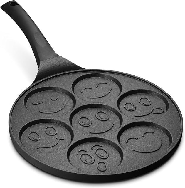 Tigaie antiaderenta pentru mini clatite, mic dejun, Smiley Face- 7 forme, pentru copii, granit, neagra, plite gaz si electrice