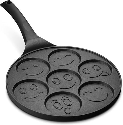 Tigaie antiaderenta pentru mini clatite, mic dejun, Smiley Face- 7 forme, pentru copii, granit, neagra, plite gaz si electrice